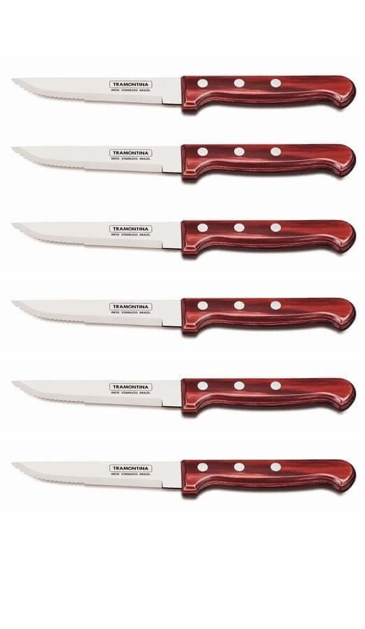 Tramontina Gaucho Set Of 6 Steak Knives 13cm With Red Polywood Handles 1 Tramontina Gaucho Set Of 6 Steak Knives 13cm With Red Polywood Handles