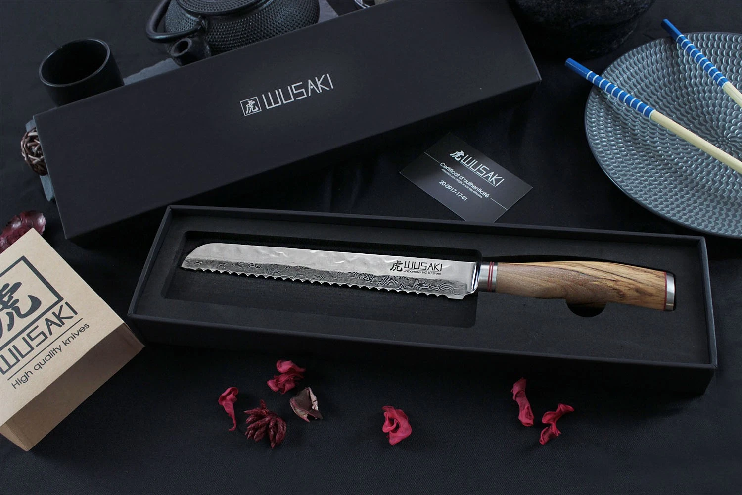 Wusaki Damas VG10 Bread Knife 20cm Olive Wood Handle 2 Wusaki Damas VG10 Bread Knife 20cm Olive Wood Handle - Image 2