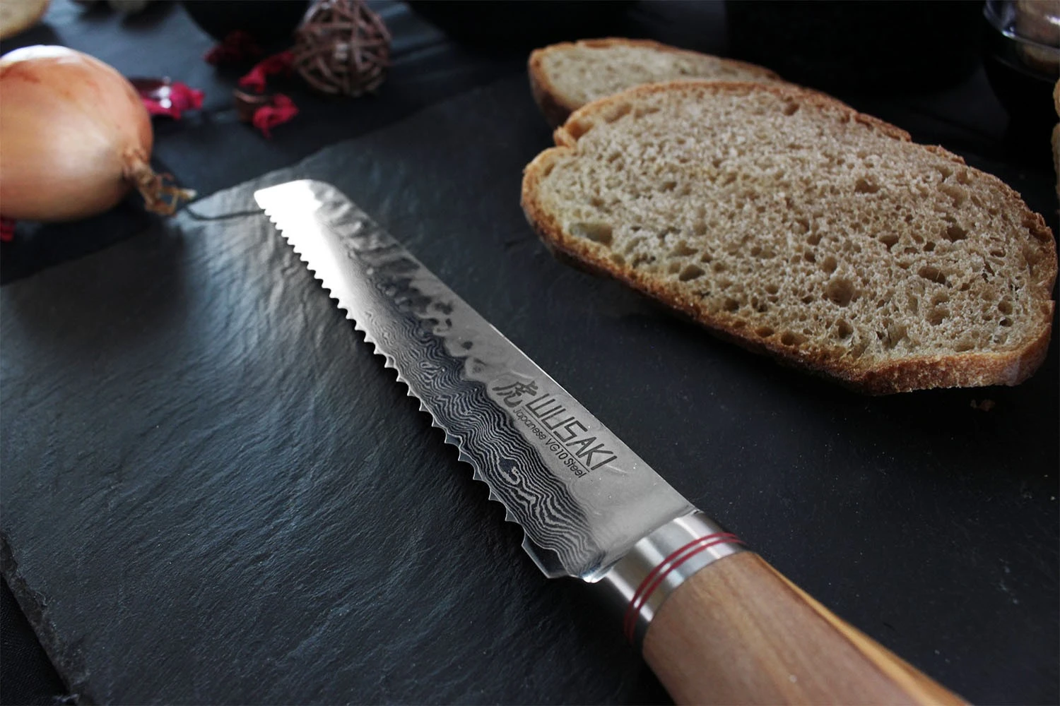 Wusaki Damas VG10 Bread Knife 20cm Olive Wood Handle 6 Wusaki Damas VG10 Bread Knife 20cm Olive Wood Handle - Image 6