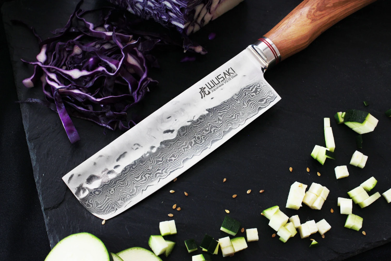 Wusaki Damas VG10 Nakiri Knife 17cm Olive Wood Handle 6 Wusaki Damas VG10 Nakiri Knife 17cm Olive Wood Handle - Image 6