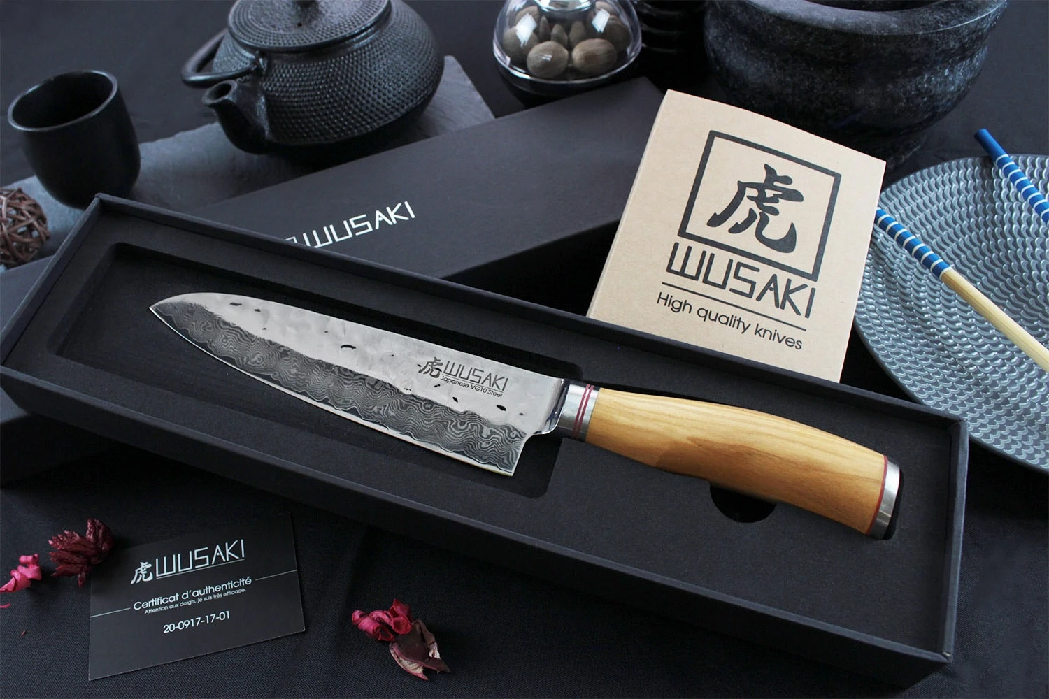 Wusaki Damas VG10 Santoku Knife 17cm Olive Wood Handle 2 Wusaki Damas VG10 Santoku Knife 17cm Olive Wood Handle - Image 2